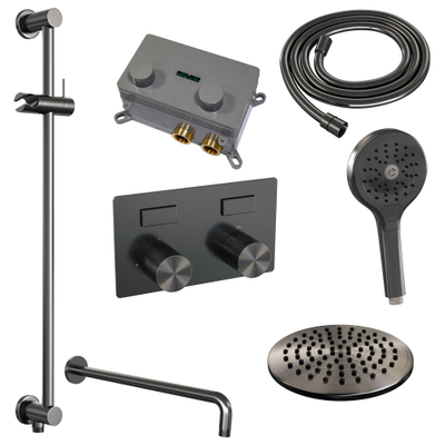 BRAUER gunmetal Carving Douche de pluie thermostatique encastrée - boutons-poussoirs - SET 69 - pomme de douche 20cm - bras mural courbé - douchette 3 jets - flexible de douche - barre de douche intégrée - gunmetal brossé PVD