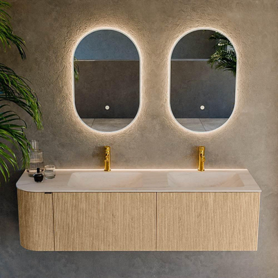 MONDIAZ KURVE-DLUX 155cm badmeubel ronding Links kleur Oak met 2 lades en 1 deur. Wastafel LEAF Dubbel / Rechts 2 kraangaten Meli.