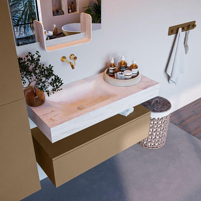 Mondiaz ALAN-DLUX Ensemble de meuble - 100cm - meuble - Oro mat - 1 tiroir - Lavabo Cloud Ostra suspendu - vasque gauche - 0 trous de robinet - Beige