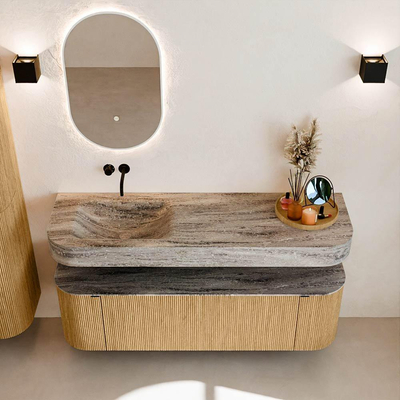 MONDIAZ THOR-DLUX 150cm badmeubel ronding links + rechts kleur Oak met 1 lade en 2 deuren. Vrijhangende wastafel CLOUD Links zonder kraangat kleur Oza.