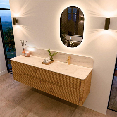 Mondiaz CIRO-DLUX Badkamermeubelset - 170x45x50cm - Solid surface wastafel Meli - 1 wasbak Rechts - 1 kraangat - 4 lades - Oak