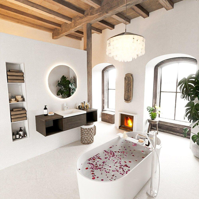 MONDIAZ BUKLA 140cm ensemble de meuble avec module ouvert 40 L+R couleur Marron Foncé avec 2 tiroirs. Lavabo CLOUD centre 1 trou de robinet couleur Talc.