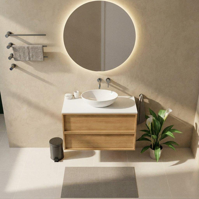 Saniclass Holz Frame Ensemble de meubles de salle de bains - 100x45x62.5cm - plan Torino en solid surface blanc - sans trou de robinetterie - 2 tiroirs - chêne naturel mat (bois)