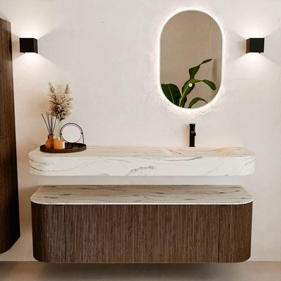 MONDIAZ THOR-DLUX 150cm badmeubel ronding links + rechts kleur Walnut met 1 lade en 2 deuren. Vrijhangende wastafel CLOUD Rechts 1 kraangat kleur Nata.