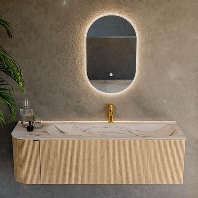 MONDIAZ KURVE-DLUX 145cm badmeubel ronding Links kleur Oak met 1 lade en 1 deur. Wastafel BIG LARGE Rechts 1 kraangat Nata.