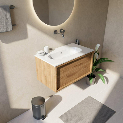 Saniclass Holz Frame Ensemble de meuble de salle de bains - 80x45x53.9cm - lavabo en céramique Chaci blanc - 1 vasque - sans trou de robinetterie - 1 tiroir - chêne natural mat (bois)