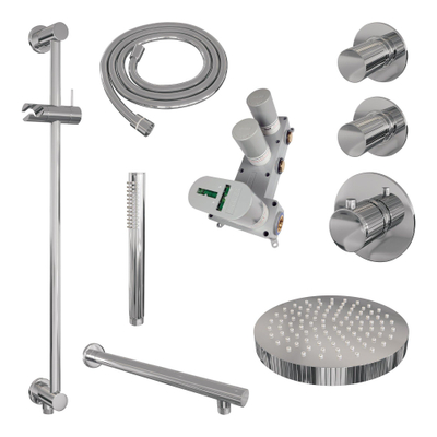 BRAUER Stripe Thermostatische Inbouw Regendouche - SET 07 - 25cm douchekop - rechte muurarm - staaf handdouche - doucheslang - geïntegreerde glijstang - chroom