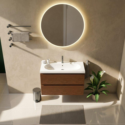 Saniclass Holz Pure Ensemble de meubles de salle de bains - 100x45x63.5cm - lavabo en céramique Palermo blanc - 1 vasque - 1 trou de robinet - 2 tiroirs - walnut pure mat (bois)