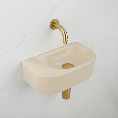 QeramiQ Fuente pack lave-mains – demi-rond – 40 x 21,5 x 12 cm – céramique beige – robinet doré brossé