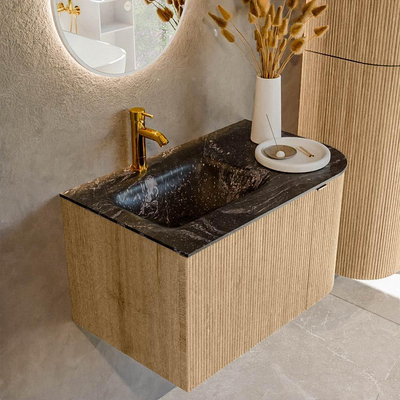 MONDIAZ KURVE-DLUX 75cm badmeubel met module 25 R kleur Oak met 1 lade en 1 deur. Wastafel GRUNNE links 1 kraangat kleur Lava.