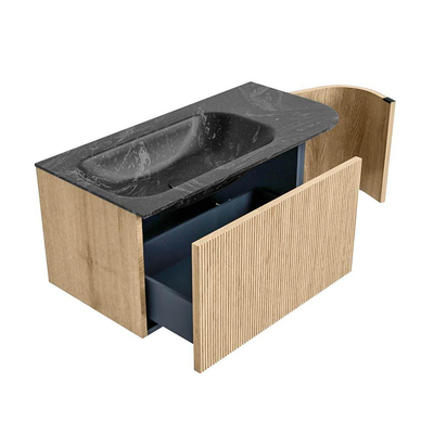 MONDIAZ KURVE-DLUX Meuble de salle de bains 95 cm avec module 25 R couleur Oak avec 1 tiroir et 1 porte. Lavabo BIG SMALL gauche sans trou de robinet couleur Lava.