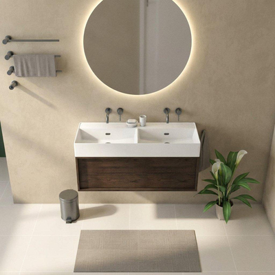Saniclass Holz Frame Ensemble meuble de salle de bains - 120x45x52cm - Legend lavabo en céramique blanc - 2 vasques - sans trous de robinetterie - 1 tiroir - chêne charcoal mat (bois)