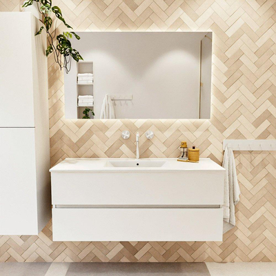 MONDIAZ VICA meuble sous lavabo 120cm Talc 2 tiroirs. Lavabo DENIA centre 1 trou de robinet, couleur Blanc Brillant.