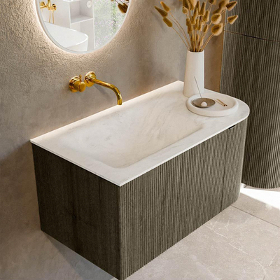 Mondiaz KURVE-DLUX Ensemble de meuble salle de bain - 85x46x40cm - 1 tiroir - 1 porte - lavabo en solid surface - gauche - sans trou de robinet - Shadow