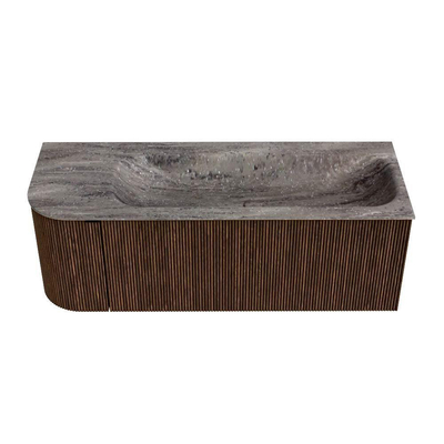 MONDIAZ KURVE-DLUX Meuble de salle de bains 125cm arrondi à gauche couleur Walnut avec 1 tiroir et 1 porte. Lavabo BIG MEDIUM à droite sans trou de robinet Oza.