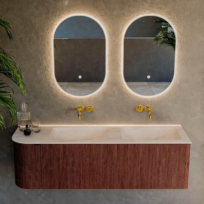 MONDIAZ KURVE-DLUX Meuble de salle de bains 145cm arrondi à gauche couleur Ruby avec 1 tiroir et 1 porte. Lavabo LEAF Double / Droite sans trou de robinet Meli.
