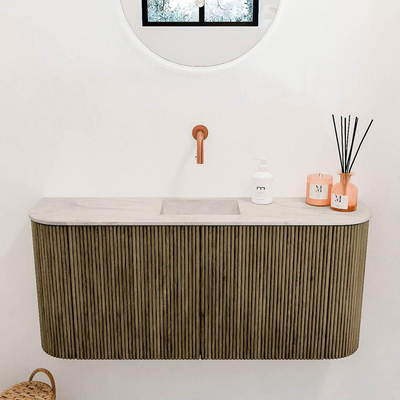 Mondiaz JOYA-DLUX Meuble de salle de bains 93.2cm - arrondi gauche et droite couleur Dusk - Vasque FAYE position Milieu Sans trou de robinet couleur Ostra.