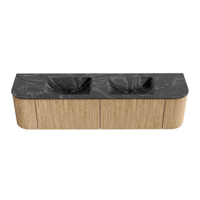 MONDIAZ KURVE-DLUX 180cm Meuble salle de bain avec module 25 G et D - couleur Oak - 2 tiroirs - 2 portes - vasque LEAF double - 2 trous de robinet - couleur Lava