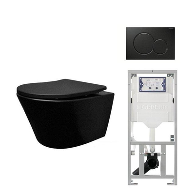 Wiesbaden Vesta toiletset Rimless 52cm mat zwart Geberit inbouwreservoir softclose en quickrelease toiletzitting met bedieningsplaat glans zwart