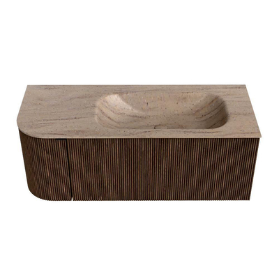 MONDIAZ KURVE-DLUX 115cm badmeubel ronding Links kleur Walnut met 1 lade en 1 deur. Wastafel BIG SMALL Rechts zonder kraangat Saba.