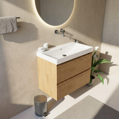 Saniclass Holz Atelier Ensemble meuble de salle de bains - 80x45x67.5cm - lavabo en céramique Wave - 1 vasque - sans trou de robinetterie - 2 tiroirs - chêne natural mat (bois)