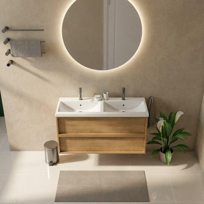 Saniclass Holz Frame Ensemble meuble de salle de bains - 120x45x63.5cm - Bari lavabo en céramique blanc - 2 vasques - 2 trous de robinetterie - 2 tiroirs - chêne natural mat (bois)