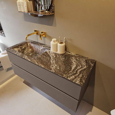 Mondiaz VICA-DLUX ensemble de meuble de salle de bain - 120cm - meuble sous-vasque fumée - 2 tiroirs - lavabo encastré nuage gauche - sans trous de robinet - version haute 60cm - lave