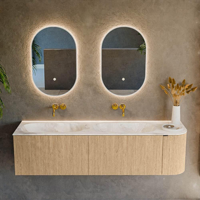 MONDIAZ KURVE-DLUX 165cm badmeubel met module 25 R kleur Oak met 2 lades en 1 deur. Wastafel STOR SMALL dubbel / links zonder kraangat kleur Frappe.