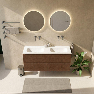 Saniclass Holz Atelier Ensemble de meubles de salle de bains - 140x45x61.5cm - lavabo Flow en solid surface blanc - 2 vasques - sans trous de robinetterie - 4 tiroirs - mat walnut pure (bois)