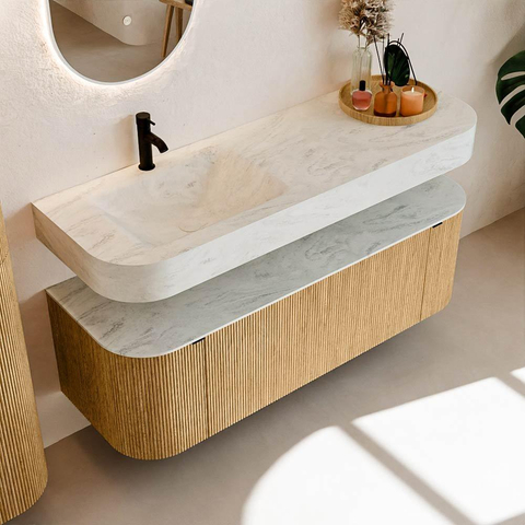 MONDIAZ THOR-DLUX Meuble de salle de bains 140cm arrondi gauche + droite couleur Oak avec 1 tiroir et 2 portes. Vasque suspendue CLOUD Gauche 1 trou de robinet couleur Opalo. SW1463946