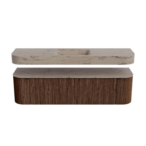 MONDIAZ THOR-DLUX 170cm badmeubel ronding links + rechts kleur Walnut met 1 lade en 2 deuren. Vrijhangende wastafel CLOUD Midden 1 kraangat kleur Arena. SW1465810