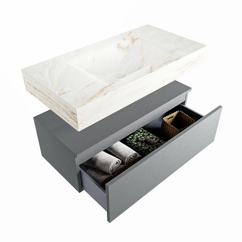 Mondiaz ALAN-DLUX Ensemble de meuble - 90cm - meuble Plata mat - 1 tiroir - Lavabo Cloud Frappe suspendu - vasque Centre - 1 trou de robinet SW805434