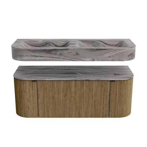 MONDIAZ THOR-DLUX 120cm meuble de salle de bains arrondi gauche + droite couleur Dusk avec 1 tiroir et 2 portes. Vasque suspendue CLOUD Double 2 trous de robinet couleur Sombra. SW1463667