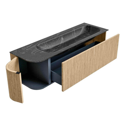 MONDIAZ KURVE-DLUX meuble de salle de bains 145 cm avec module 25 L couleur Chêne avec 1 tiroir et 1 porte. Lavabo BIG LARGE à droite sans trou de robinet couleur Lava. SW1137172