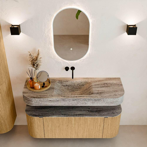 MONDIAZ THOR-DLUX 130cm badmeubel ronding links + rechts kleur Oak met 1 lade en 2 deuren. Vrijhangende wastafel CLOUD Midden zonder kraangat kleur Oza. SW1463970