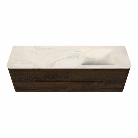 Mondiaz CIRO-DLUX Ensemble de meubles de salle de bains - 160x45x50cm - Plan-vasque Solid surface Ostra - 1 lavabo à droite - sans trous de robinetterie - 4 tiroirs - Noyer SW1530389