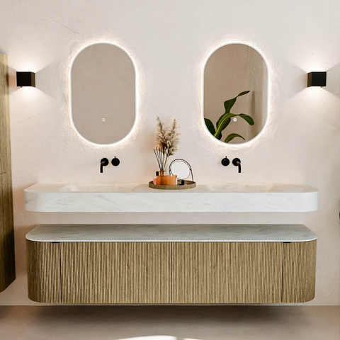 MONDIAZ THOR-DLUX Meuble de salle de bains - 190cm - arrondi gauche + droite - couleur Dusk - 2 tiroirs et 2 portes - Vasque suspendue CLOUD Double sans trou de robinet - couleur Opalo SW1466467