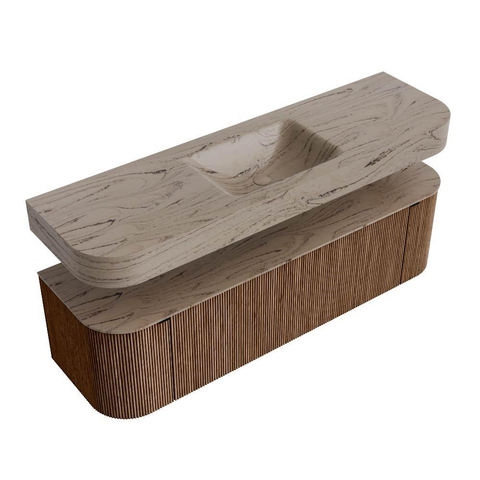 MONDIAZ THOR-DLUX 160cm meuble de salle de bains arrondi gauche + droite couleur Walnut avec 1 tiroir et 2 portes. Vasque suspendue CLOUD Milieu 1 trou de robinet couleur Arena. SW1465132