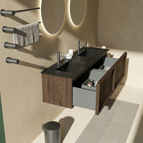 Saniclass Holz Frame Badkamermeubelset - 140x45x42cm - Vygo keramische wastafel zwart - 2 wasbakken - 2 kraangaten - 2 lades - mat eiken charcoal (hout) SW1479008