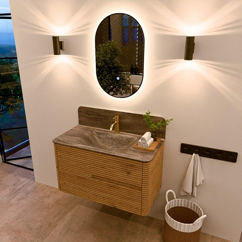 Mondiaz CIRO-DLUX Badkamermeubelset - 90x45x50cm - Solid surface wastafel Oza - 1 wasbak Midden - 1 kraangat - 2 lades - Oak SW1531093