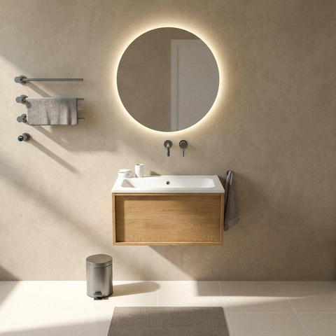 Saniclass Holz Frame Ensemble de meubles de salle de bains - 80x45x57.5cm - lavabo Torino en Solid Surface blanc - sans trou de robinet - 1 tiroir - chêne natural mat (bois) SW1478650