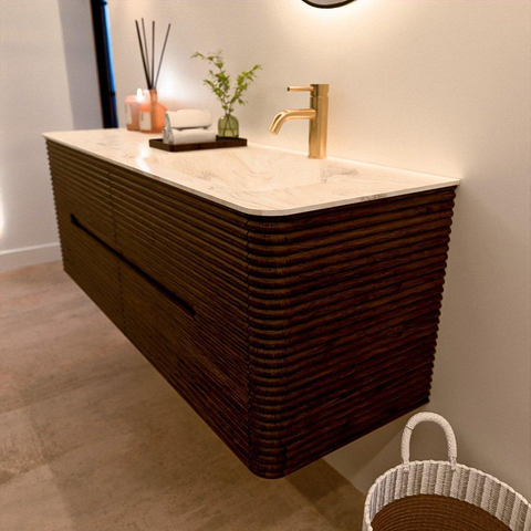 Mondiaz CIRO-DLUX Badkamermeubelset - 140x45x50cm - Solid surface wastafel Ostra - 1 wasbak Rechts - 1 kraangat - 4 lades - Walnut SW1530360