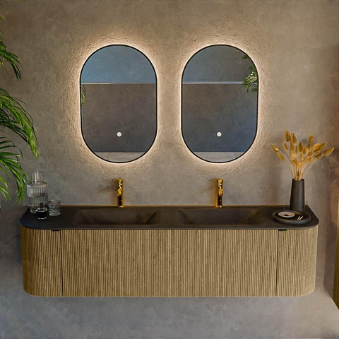 Mondiaz KURVE Ensemble de meuble de salle de bains - 170x46x40cm - 1 tiroir - 2 portes - lavabo solid surface - double - 2 trous de robinet - Dusk SW1414831