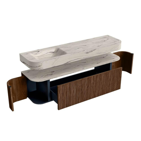 MONDIAZ THOR-DLUX Meuble de salle de bains 170cm arrondi gauche + droite couleur Walnut avec 1 tiroir et 2 portes. Vasque suspendue CLOUD Gauche 1 trou de robinet couleur Nata. SW1465779