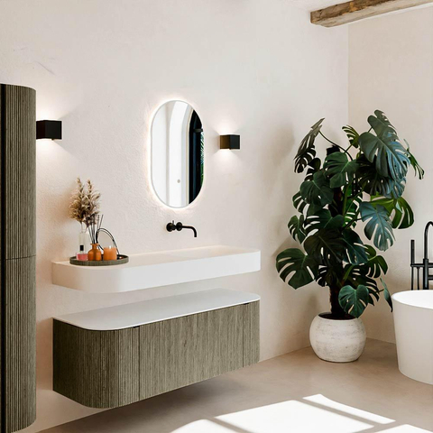 MONDIAZ THOR 130cm meuble de salle de bains arrondi gauche + droite couleur Shadow avec 1 tiroir et 2 portes. Vasque suspendue CLOUD Droite sans trou de robinet couleur Talc. SW1463703