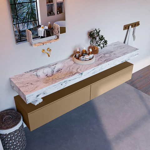 Mondiaz ALAN-DLUX Ensemble de meuble - 200cm - meuble Oro mat - 2 tiroirs - Lavabo Cloud Glace suspendu - vasque Gauche - 0 trous de robinet SW806039