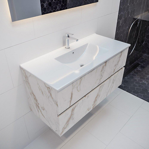 MONDIAZ VICA Ensemble meuble de salle de bains - 100cm - sous-meuble Carrara - 2 tiroirs - lavabo Denia central - 1 trou de robinet version XL 60cm de hauteur SW1095132