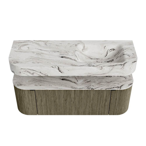 MONDIAZ THOR-DLUX 130cm badmeubel ronding links + rechts kleur Shadow met 1 lade en 2 deuren. Vrijhangende wastafel CLOUD Rechts zonder kraangat kleur Glace. SW1463743