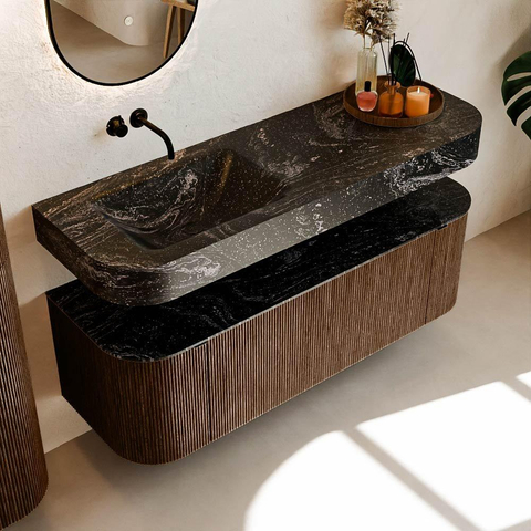 MONDIAZ THOR-DLUX Meuble de salle de bains 140cm arrondi gauche + droite couleur Walnut avec 1 tiroir et 2 portes. Vasque suspendue CLOUD Gauche sans trou de robinet couleur Lava. SW1463961