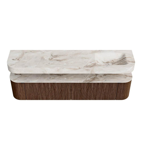 MONDIAZ THOR-DLUX 200cm badmeubel ronding links + rechts kleur Walnut met 2 lades en 2 deuren. Vrijhangende wastafel CLOUD Rechts zonder kraangat kleur Frappe. SW1466990
